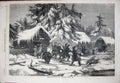Original Old Antique Print Bear Hunting Sweden Men Skis House Snow Dogs 1856