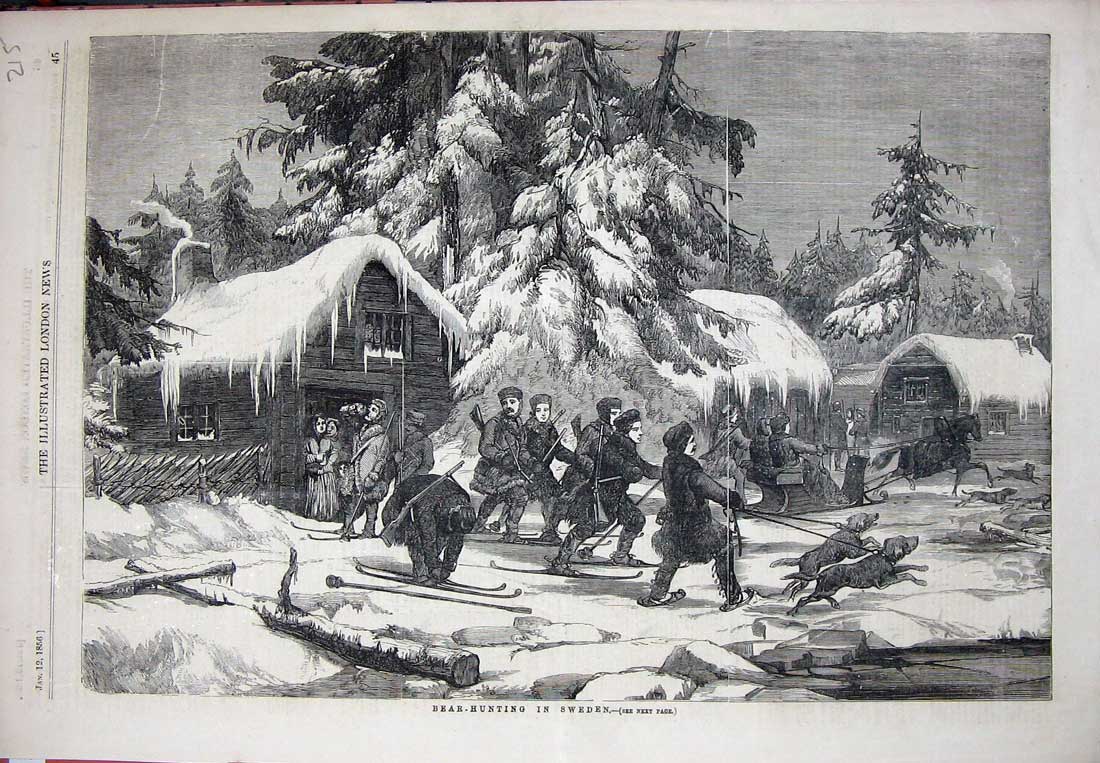 Original Old Antique Print Bear Hunting Sweden Men Skis House Snow Dogs 1856