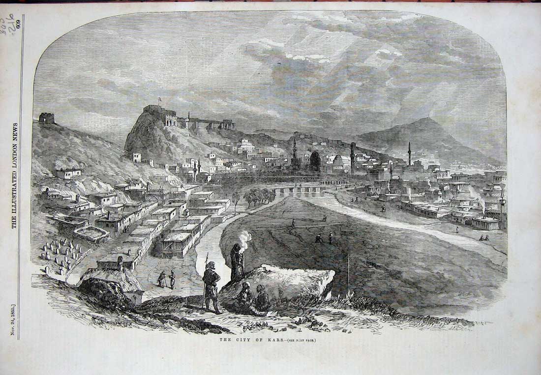 Original Old Antique Print 1855 View City Kars Town Houses Mountains Fine Art