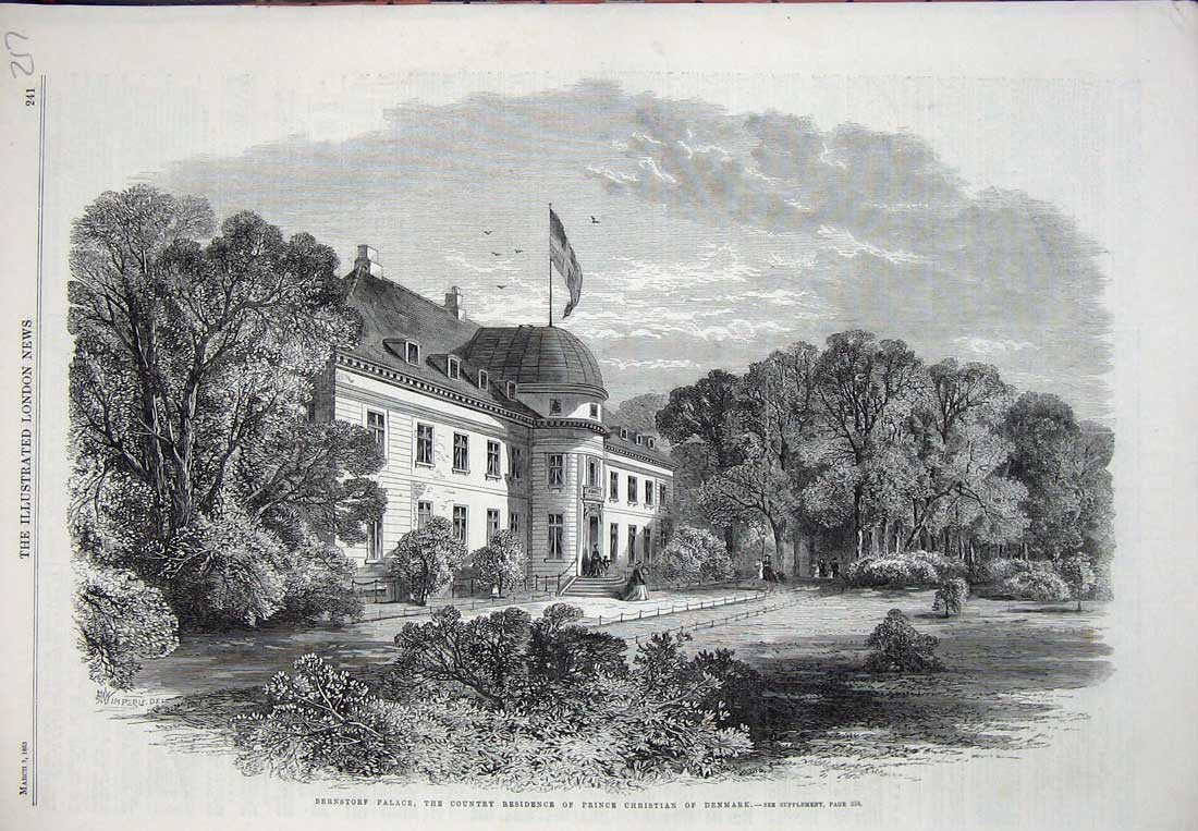 Old Antique Print 1863 Bernstorf Palace Prince Christian Denmark Country 19th