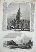 Original Old Antique Print 1857 Sleaford Church Market Remains Castle Railways