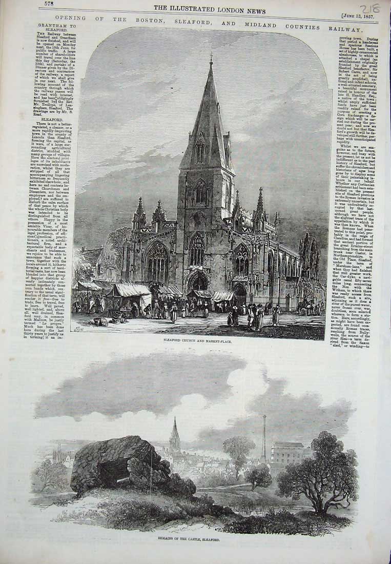 Original Old Antique Print 1857 Sleaford Church Market Remains Castle Railways