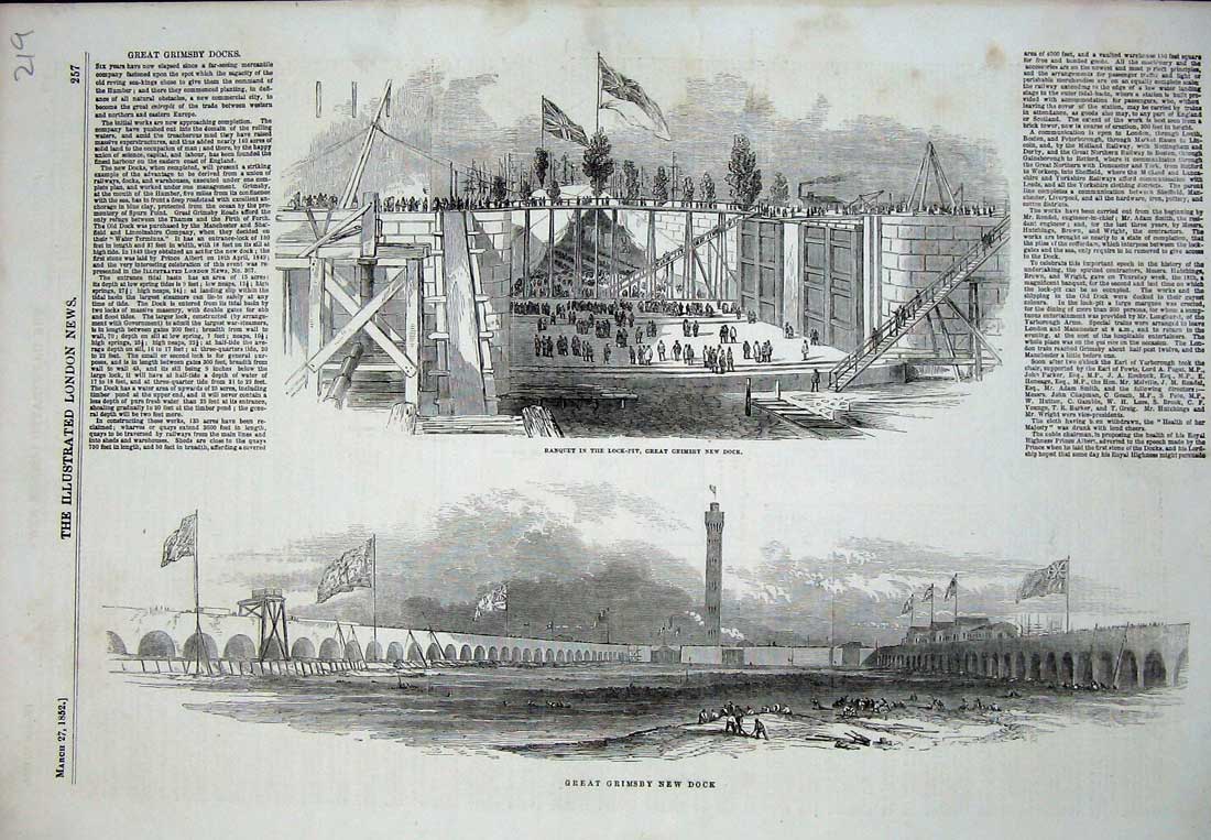 Original Old Antique Print 1852 Great Grimbsy New Dock Banquet Lock-Pit Flags