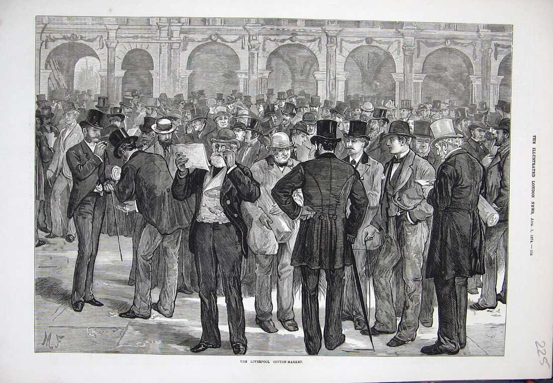 Original Old Antique Print 1874 Fine Art View Liverpool Cotton Market Men Sale