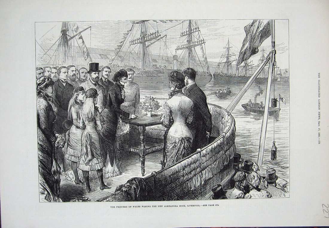 Old Antique Print 1881 Princess Wales New Alexandria Dock Liverpool Art 19th