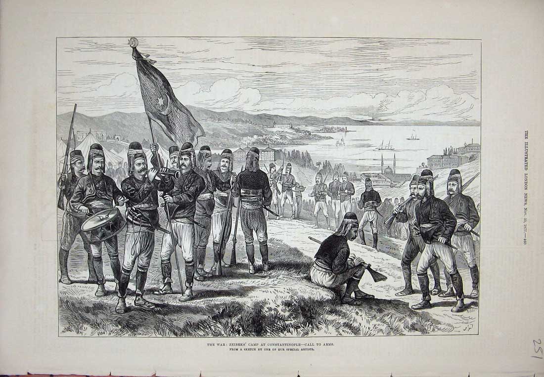 Original Old Antique Print 1877 War Zeibeks Camp Constantinople Siers Music