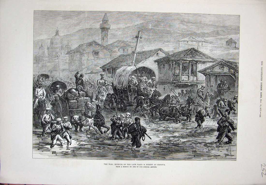 Old Antique Print War 1877 Street Floods Sistova Horses Carriage Houses 19th