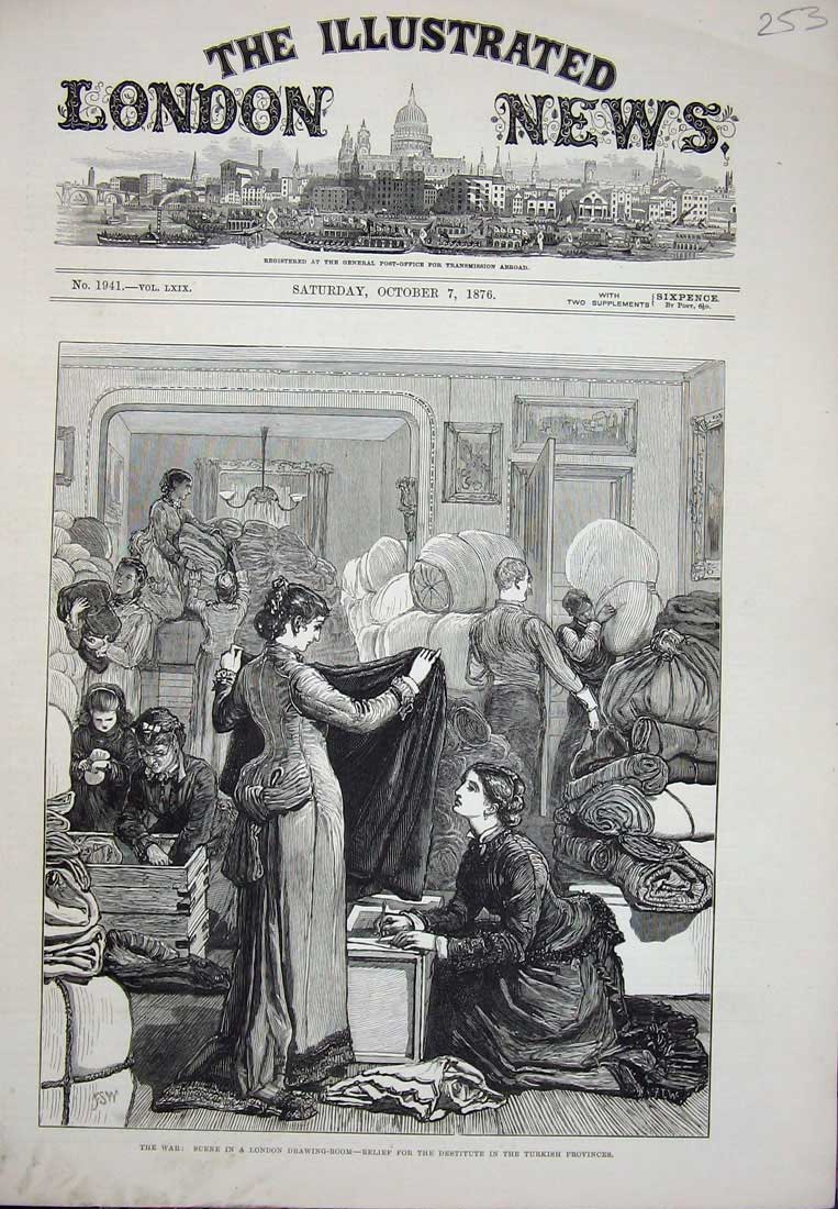 Antique Old Print Ref.981 1876 War London Drawing-Room Blankets Turkish Poor