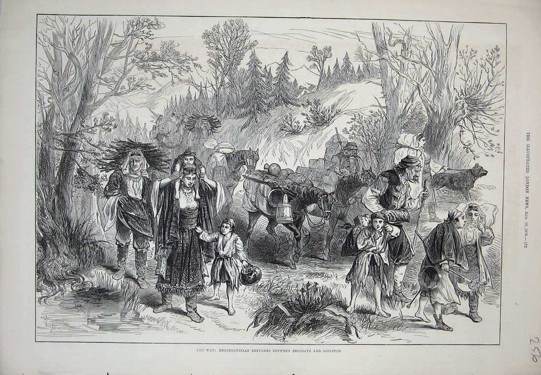 Old Antique Print 1876 War Herzeovinian Refugees Belosave Goslitch Horses 19th