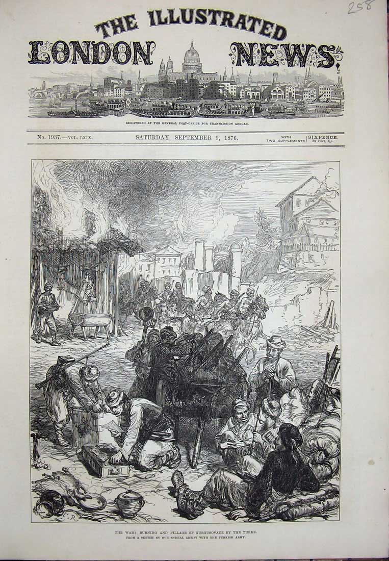 Original Old Antique Print 1876 War Burning Pillage Gurgusovacz Turks Siers