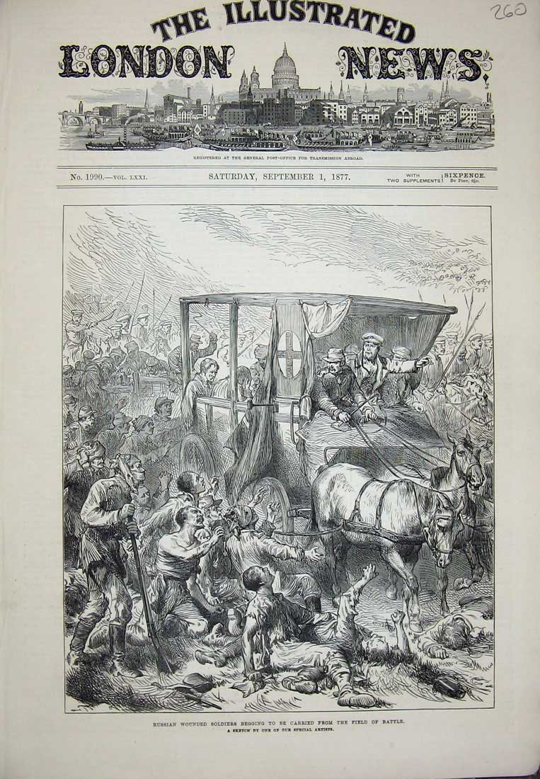 Original Old Antique Print 1877 Russian Wounded Siers Field Battle Ambulance