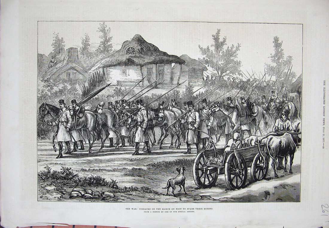 Original Old Antique Print 1877 War Cossacks Siers Marching Horses Weapons 19th