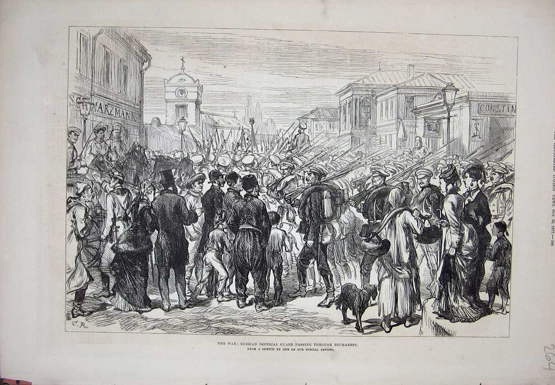 Original Old Antique Print 1877 War Russian Imperial Guard Bucharest Siers 19th
