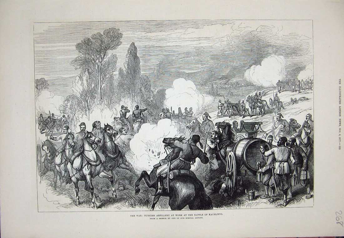 Original Old Antique Print 1877 War Turkish Artillery Battle Kaceljevo Siers