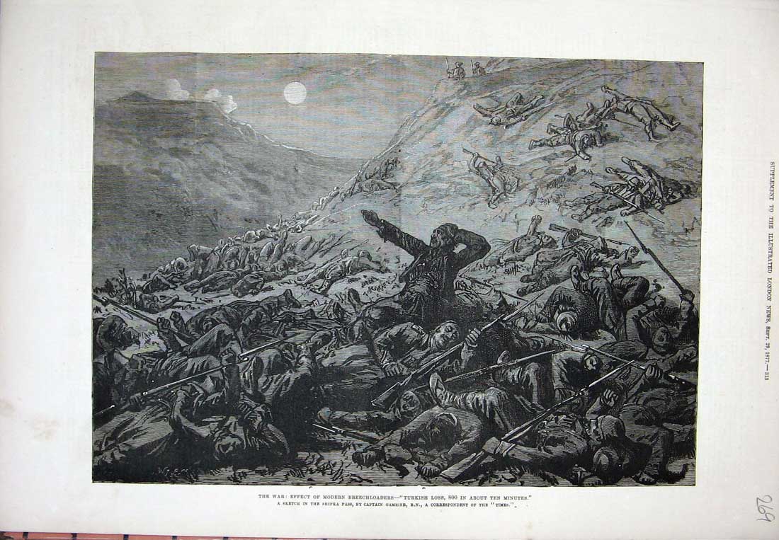 Original Old Antique Print 1877 War Breechloaders Turkish Siers Shipka Pass Art
