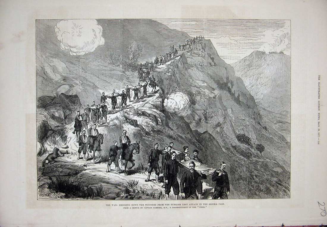 Original Old Antique Print 1877 War Wounded Turkish Siers Shipka Pass Mountains