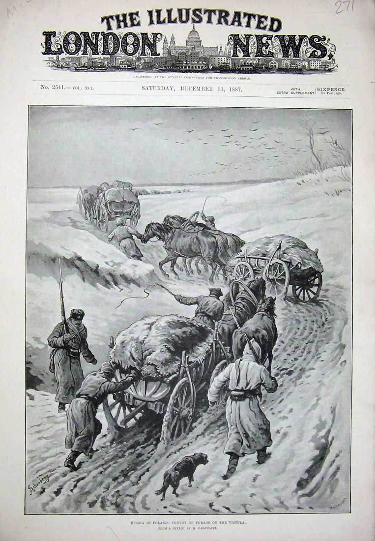 Original Old Antique Print 1877 Russia Poland Convoy Forage Vistula War Siers