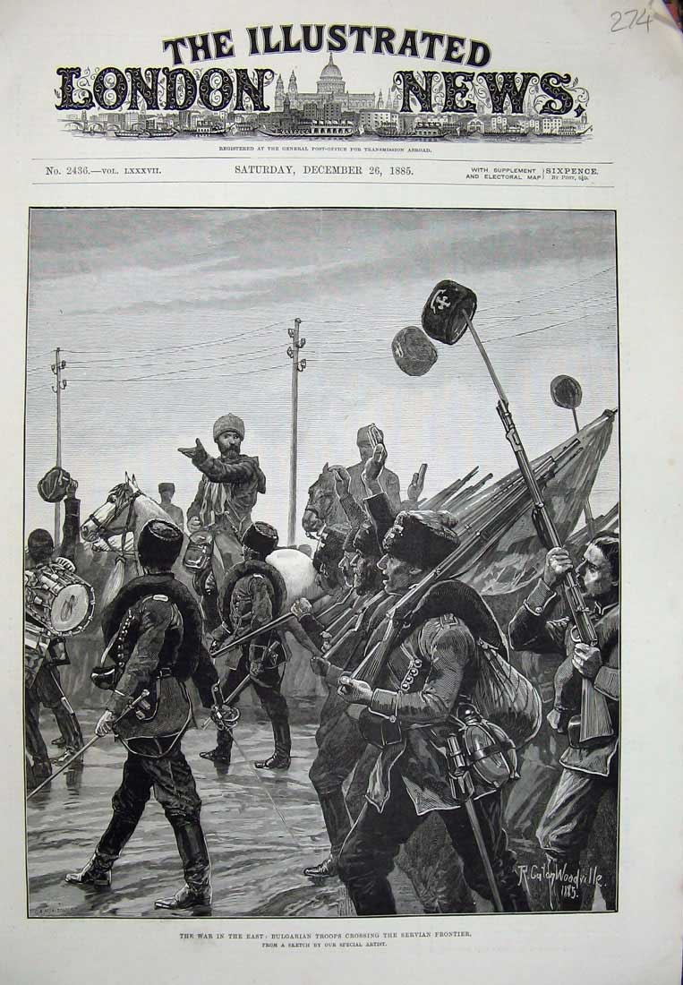 Original Old Antique Print 1885 War Bulgarian Troops Servian Frontier Siers Art