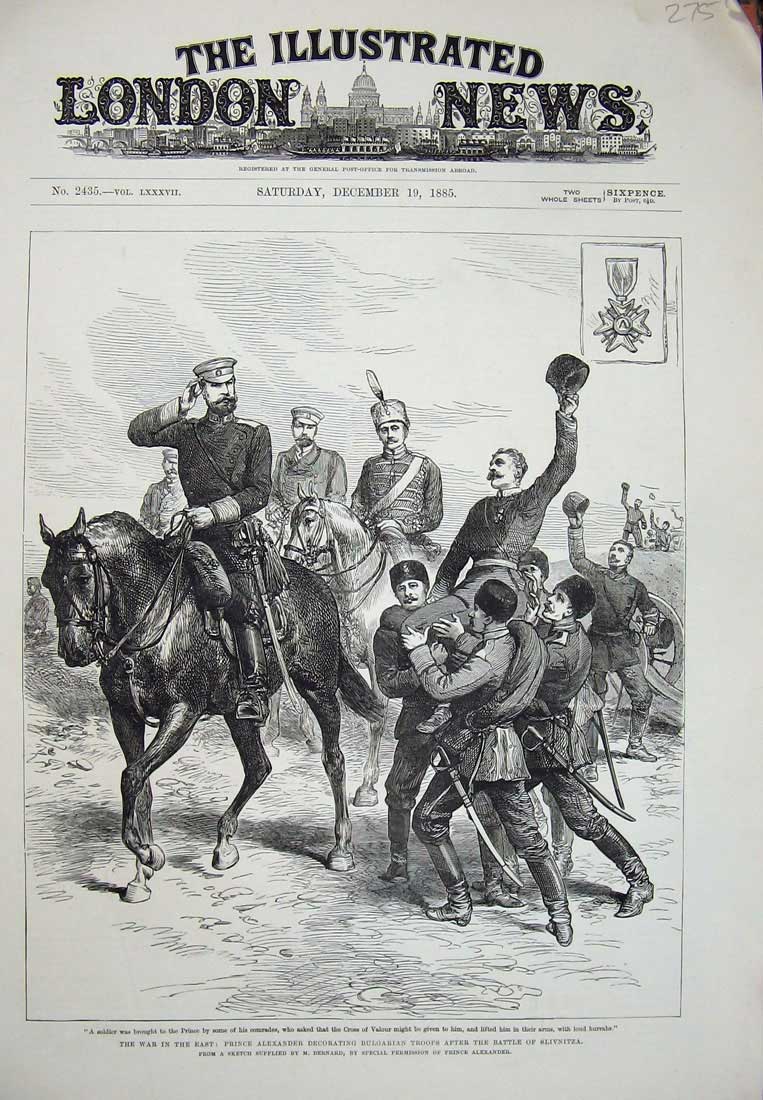 Original Old Antique Print 1885 War Prince Alexander Bulgarian Siers Slivnitza