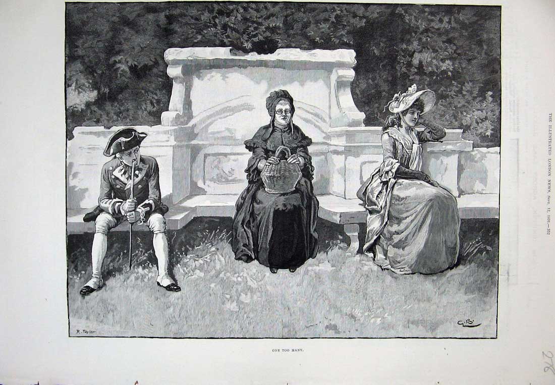 Original Old Antique Print 1891 Fine Art Lady Young Woman Officer Garden 19th