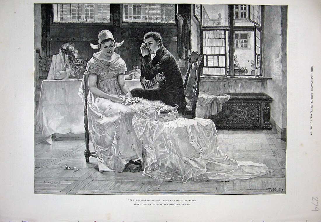 Original Old Antique Print 1891 Wedding Dress Romance Man Woman Samuel Richards