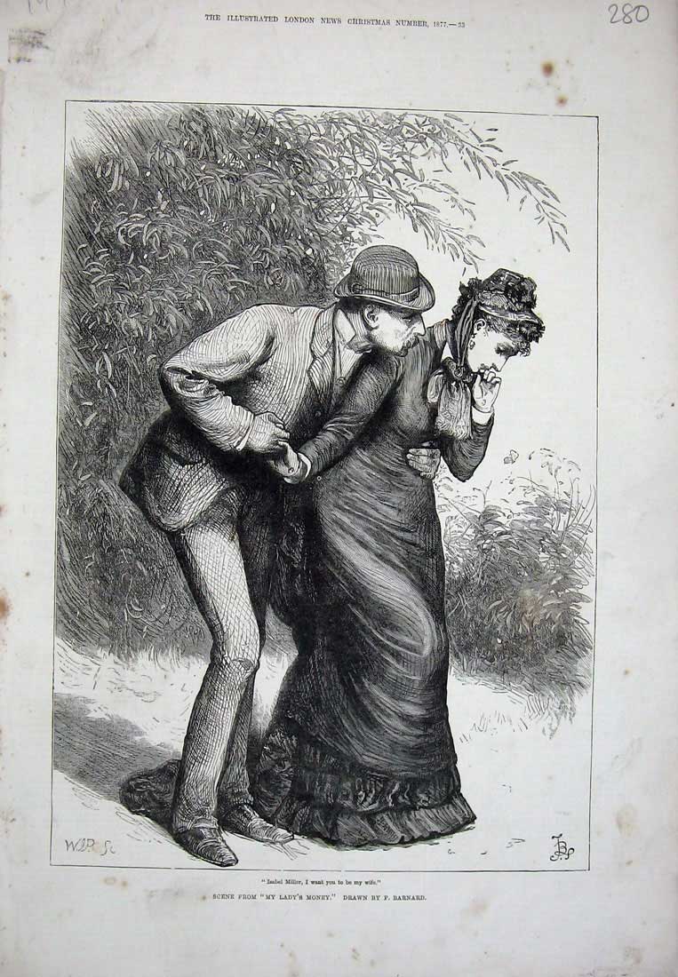 Old Antique Print 1877 Lady'S Money Theatre Scene Isabel Miller Barnard 19th