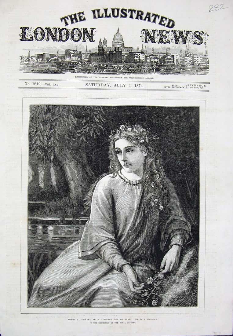 Old Antique Print 1874 Ophelia Sweet Bells Jangling Theatre Herwick Art 19th
