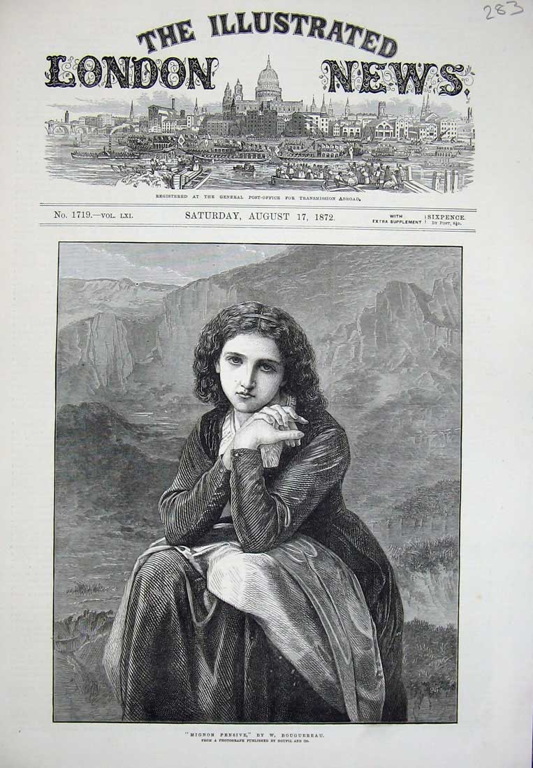Original Old Antique Print 1872 Mignon Pensive Beautiful Woman Lady Mountains