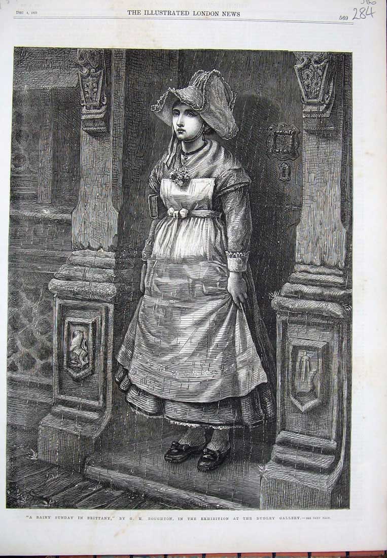 Original Old Antique Print 1869 Rainy Sunday Brittany France Girl Doorway Art