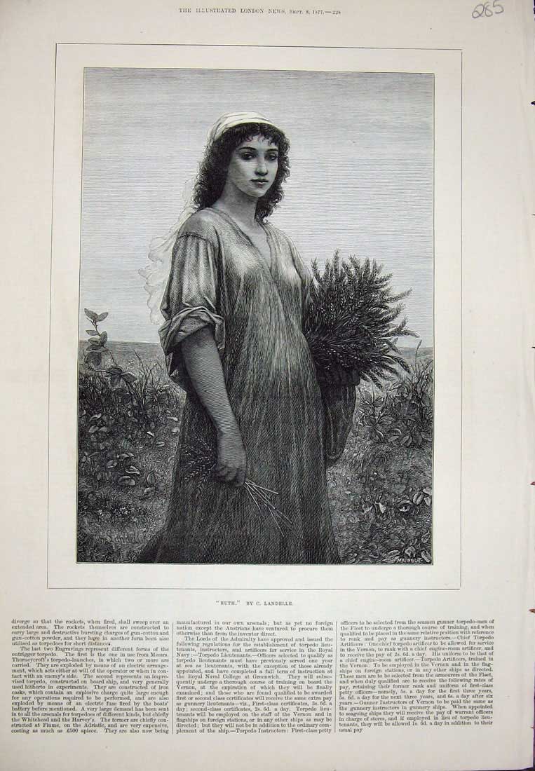 Original Old Antique Print 1877 Portrait Ruth Country Beautiful Woman Art 19th