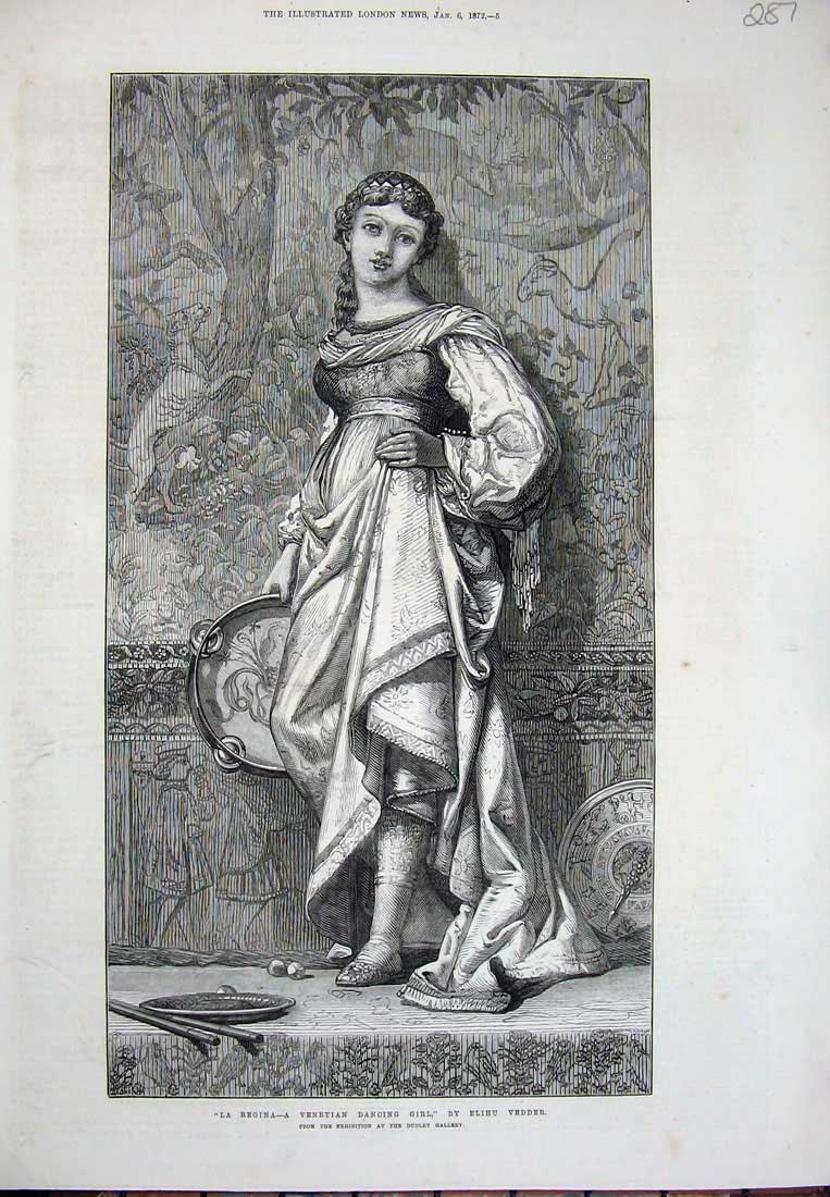 Old Antique Print 1872 Venetian Dancing Girl La Regina Elihu Vedder Art 19th