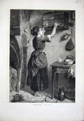 Original Old Antique Print 1876 Barefoot Woman Lady Feeding Pets House Fine Art