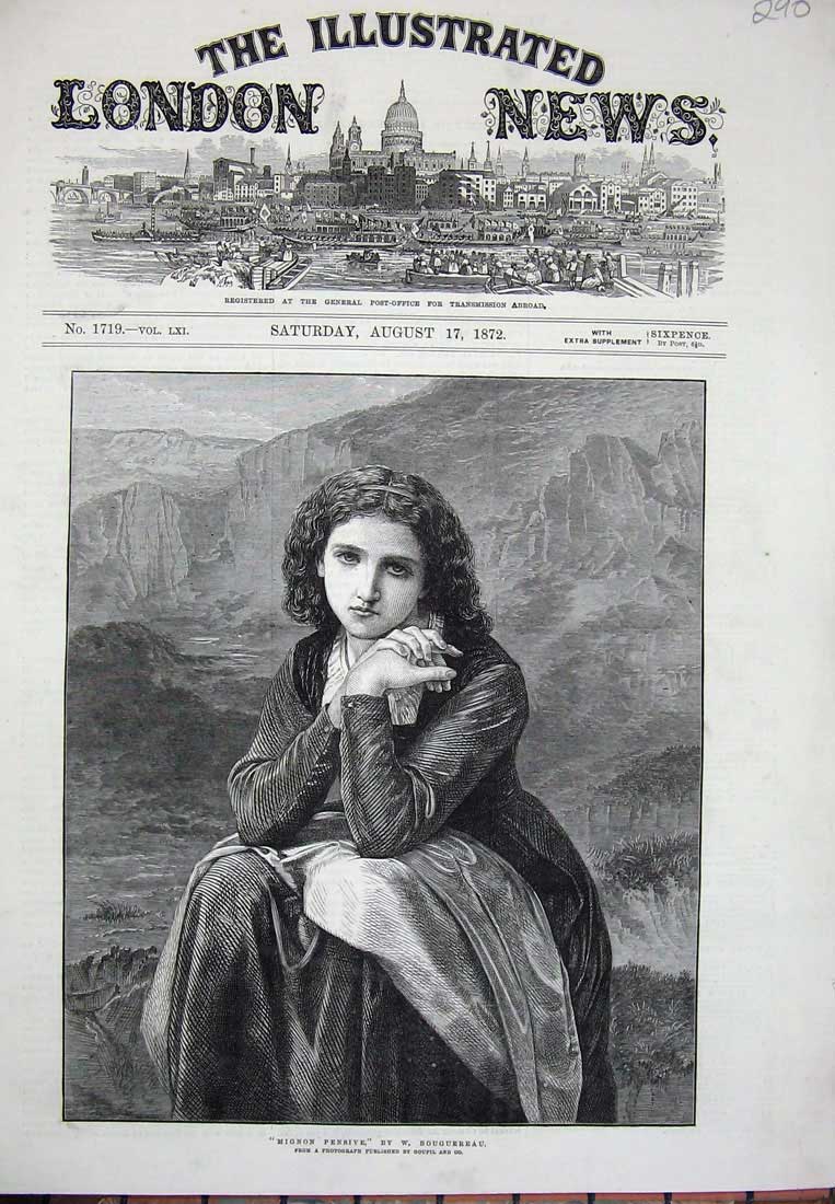 Old Antique Print 1872 Mignon Pensive Beautiful Woman Mountains Fine Art 19th