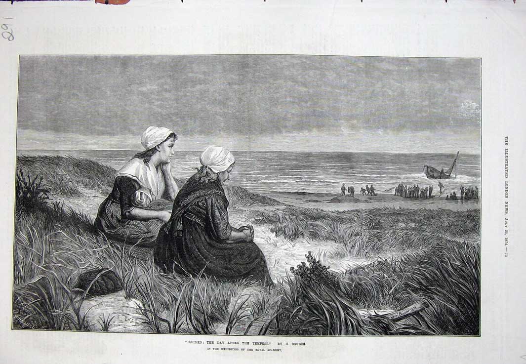 Old Antique Print 1874 Ship Wreck Women Sitting Shore Beach Sea Fine Art 19th