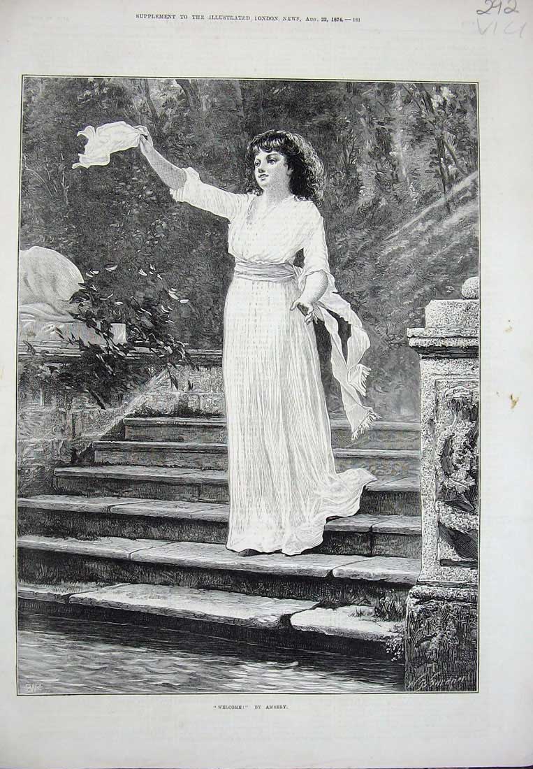 Original Old Antique Print 1874 Beautiful Woman Lady Steps Fine Art Victorian