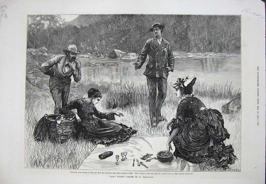 Original Old Antique Print 1873 Tita Franziska Picnic Lake Fine Art Country Art