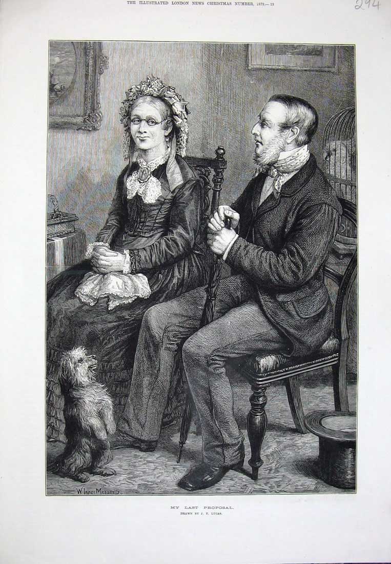 Original Old Antique Print 1879 Fine Art Man Woman Chair Puppy Dog Lucas 19th