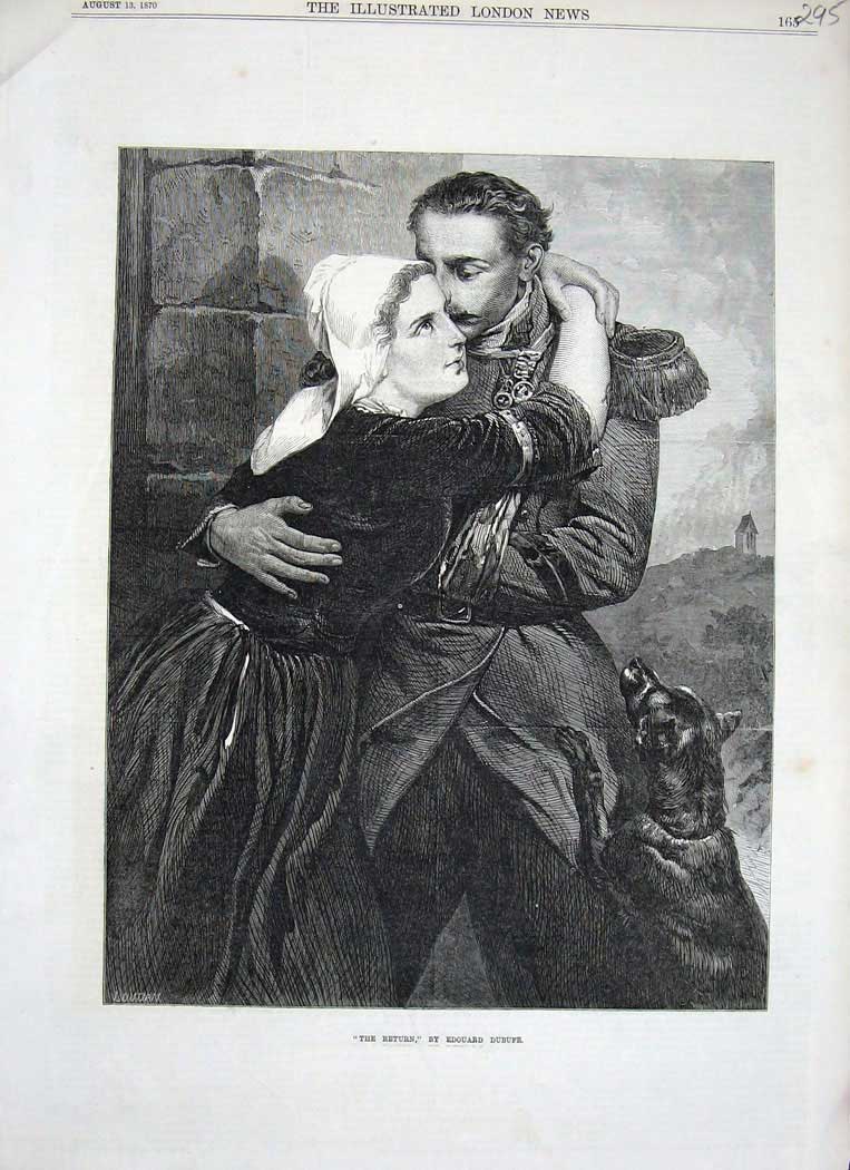 Original Old Antique Print 1870 Man Woman Return War Romance Puppy Dog Fine Art