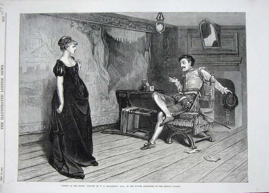 Original Old Antique Print 1870 Taming Shrew Man Woman Romance Orchardson Art