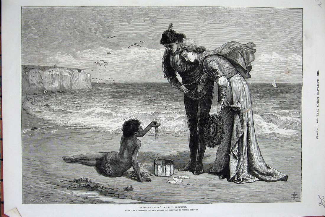 Old Antique Print Treasure Trove 1875 Native Boy Beach Man Woman Fine Art 19th