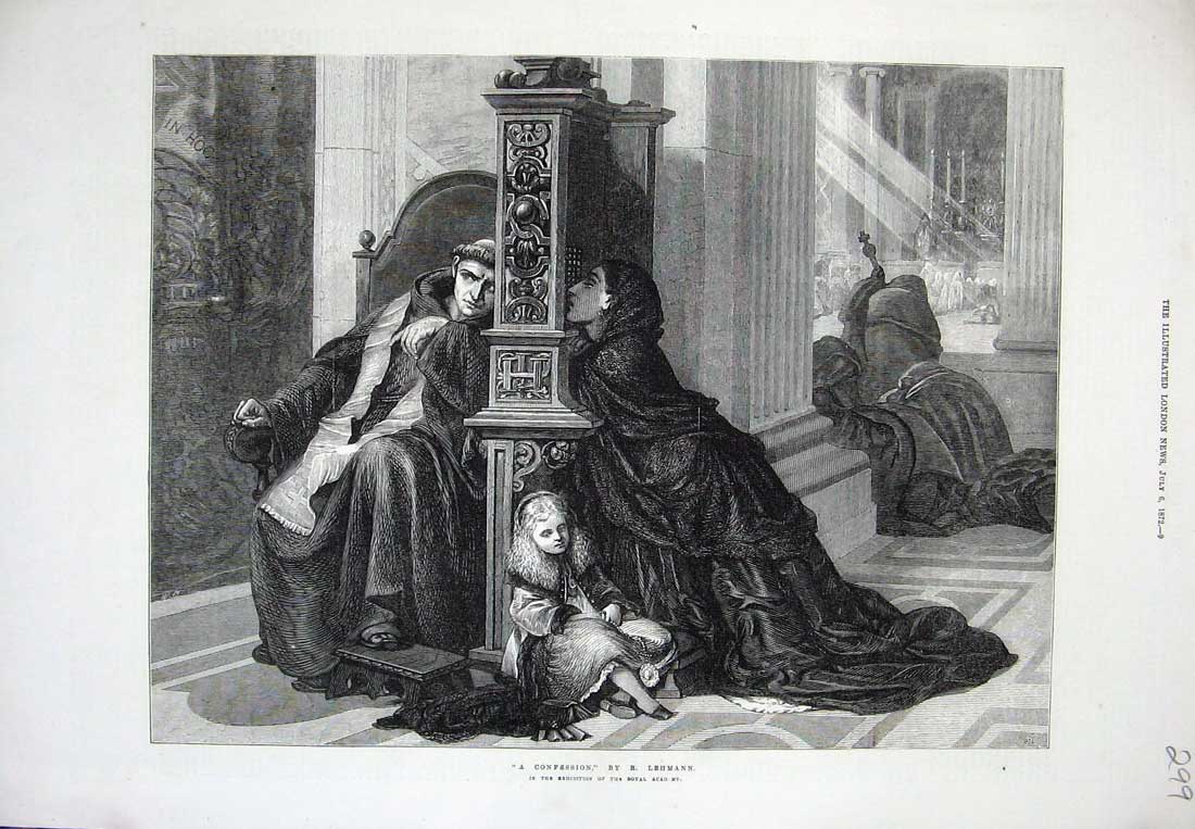 Original Old Antique Print 1872 Priest Confession Lady Little Girl Lahmann Art