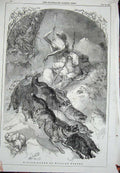Original Old Antique Print 1848 Winter Scene Dogs Sledge Snow Men Birds 19th