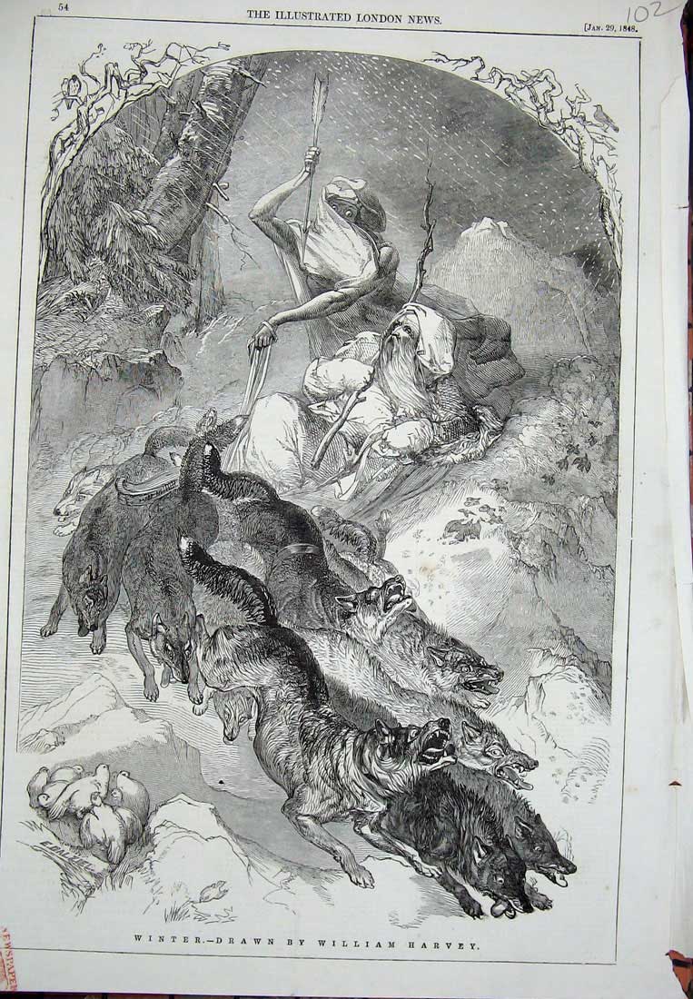 Original Old Antique Print 1848 Winter Scene Dogs Sledge Snow Men Birds 19th