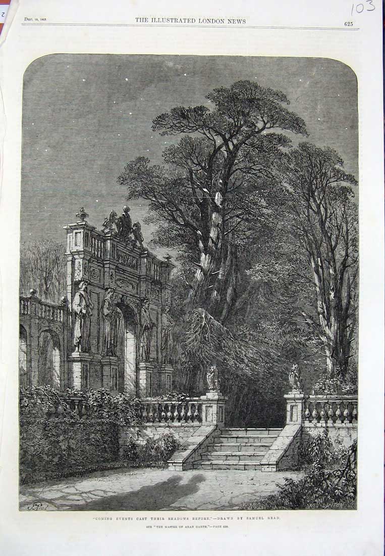 Original Old Antique Print 1863 Samuel Read Fine Art Architecture Steps Trees