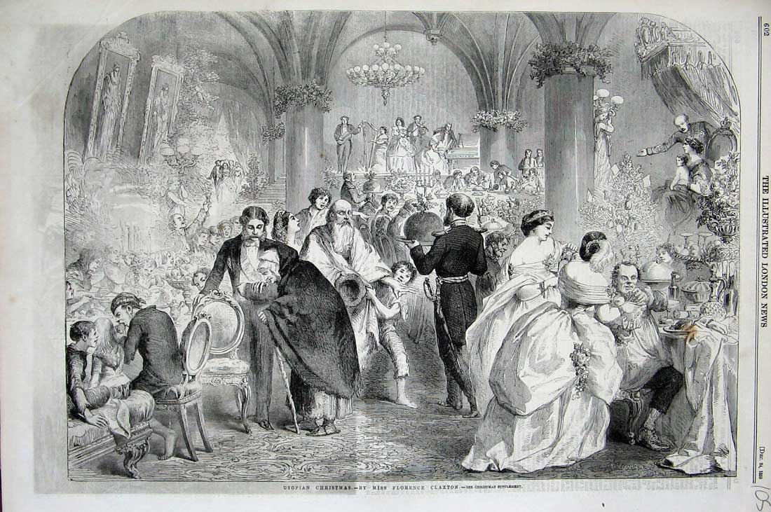 Old Antique Print 1859 Utopian Christmas People Pudding Party Decorations 19th
