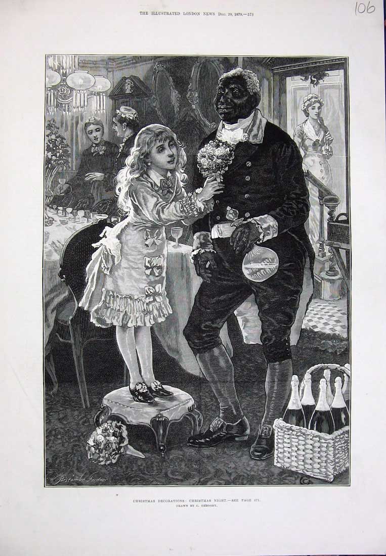 Old Antique Print 1879 Christmas Decorations Coloured Man Little Girl Art 19th