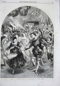 Old Antique Print 1859 Christmas Baronial Hall Men Women Dancing Romance 19th