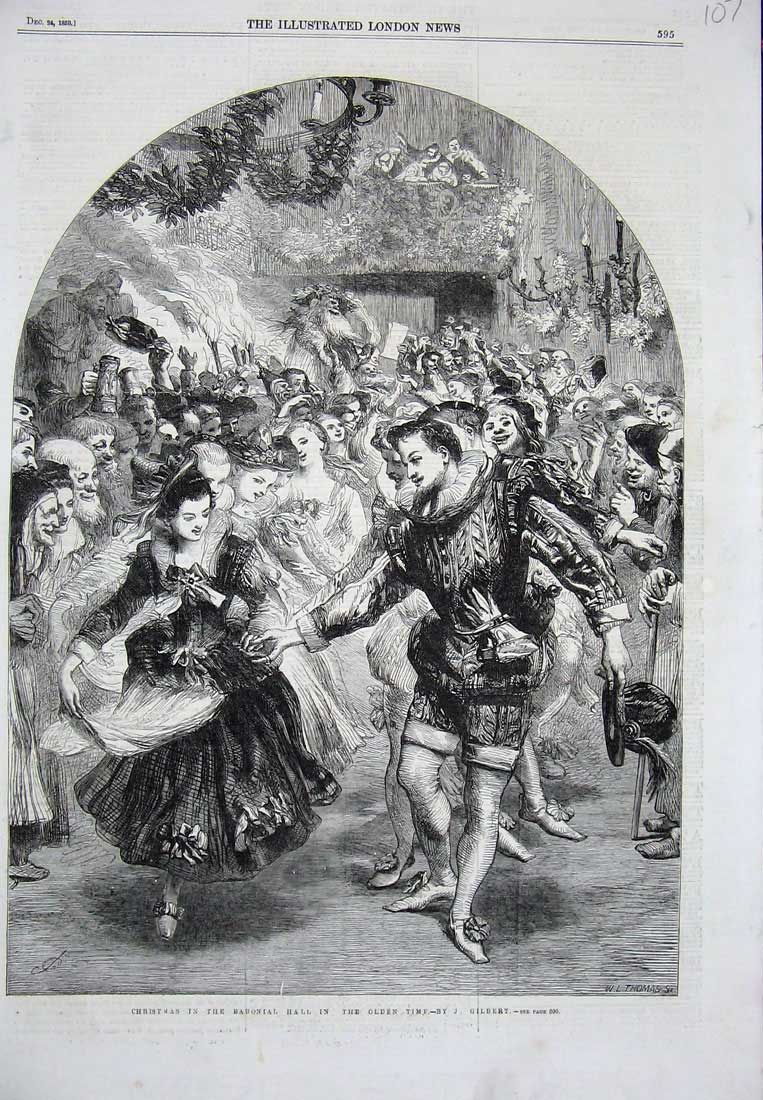 Old Antique Print 1859 Christmas Baronial Hall Men Women Dancing Romance 19th