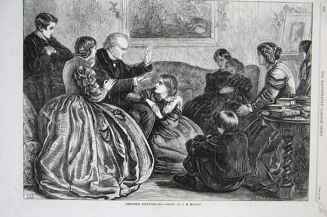 Original Old Antique Print 1862 Christmas Story Telling Children Man Fine Art