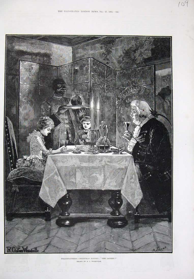 Old Antique Print Grandfathers Christmas Dinner Black Children 1884 Art 19th